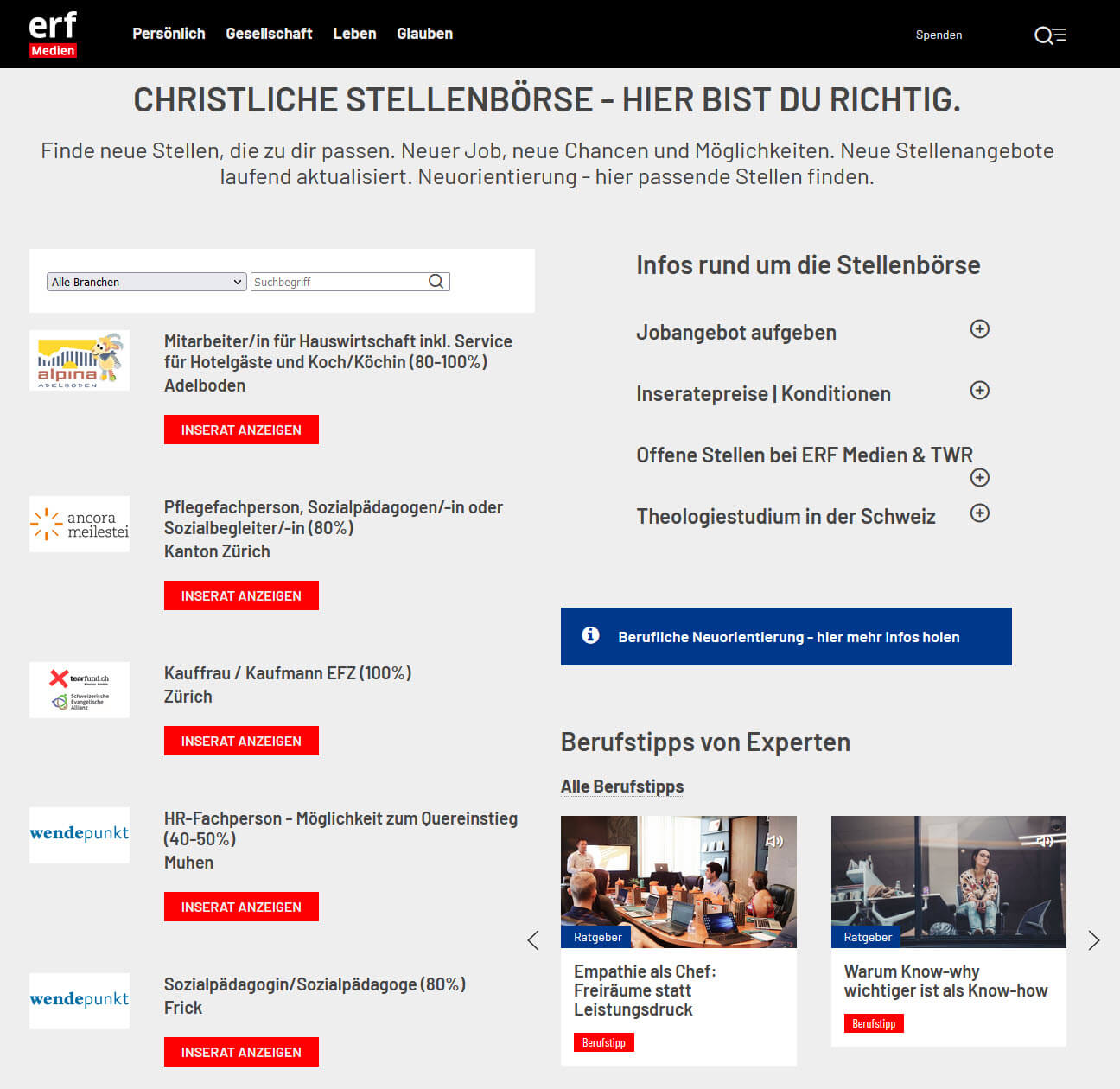 Christliche Stellenangebote, Jobbörse auf ERF-Medien.ch